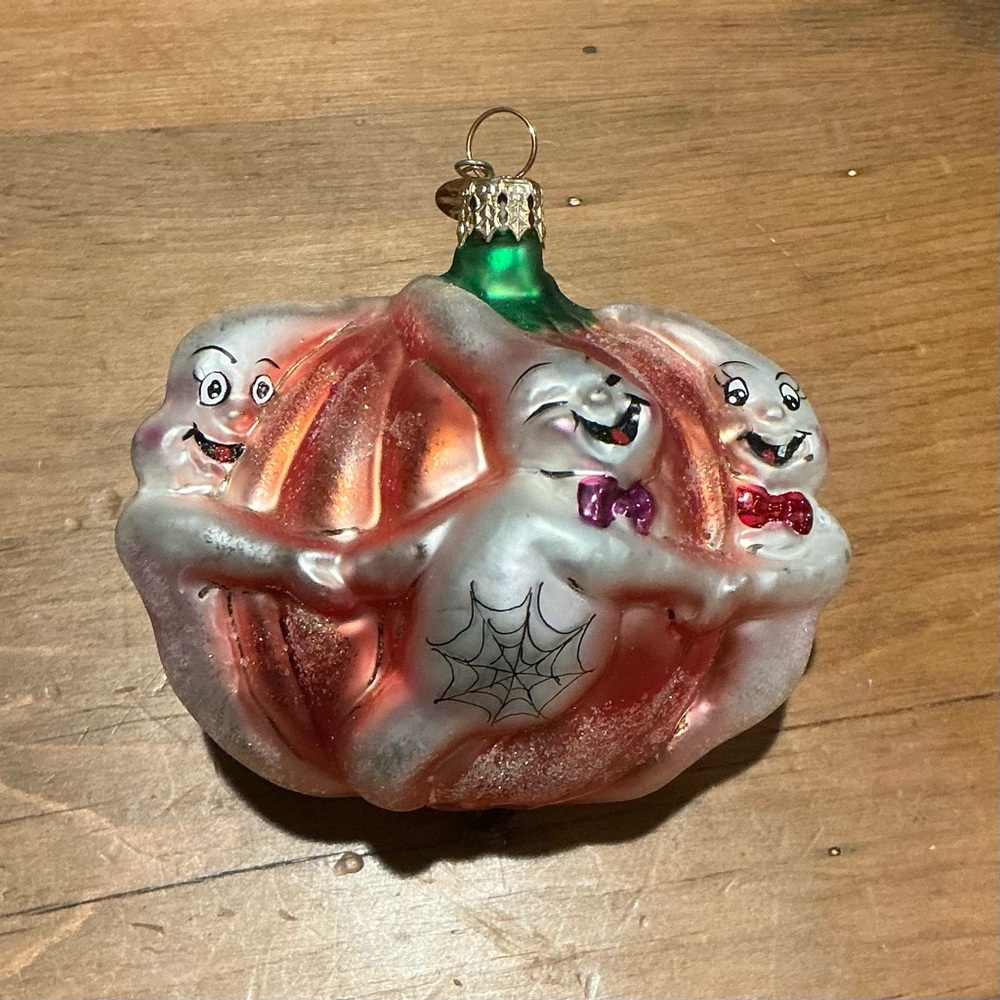 Vtg RARE Christopher Radko Glass Ornament Pumpkin Polka Ghosts Around Halloween